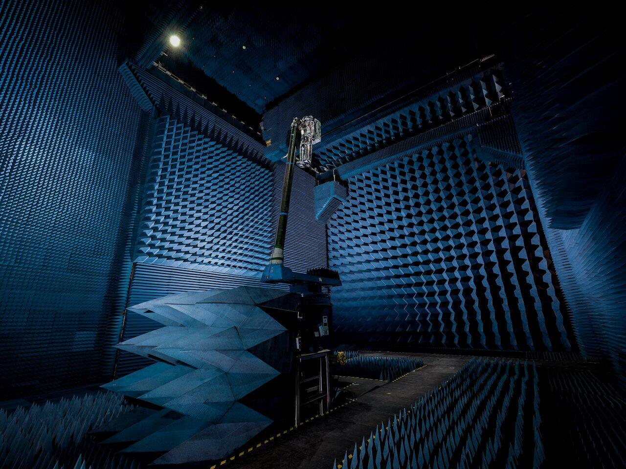 An anechoic test chamber lined with radio absorbent wedges
